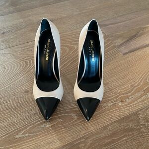 Saint Laurent Calfskin Cap Toe Janis 105 Platform Pumps in Powder: size 38.5
